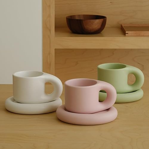 Vista 32 de WENSHUO Chubby - Taza de café divertida, taza y platillo lindo, crema mate, 9 onzas (crema mate)