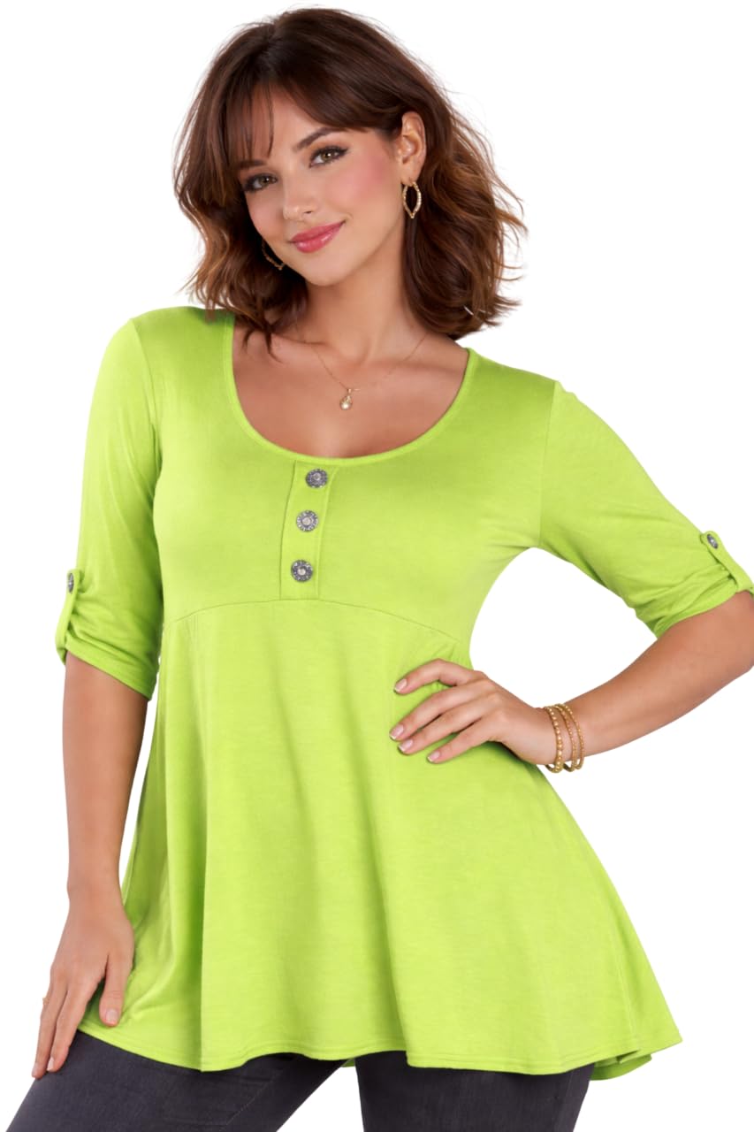Eye Catch Women's Lime Green ’S Flared Tunic Top, Button Front Scoop Neck Long Jersey Top – Plus Size 14–28