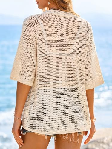 Image of Fisoew Womens Crochet Lightweight Cardigan Sweaters Short Sleeve Summer Button Down Collared Loose Cover Up Shirts
