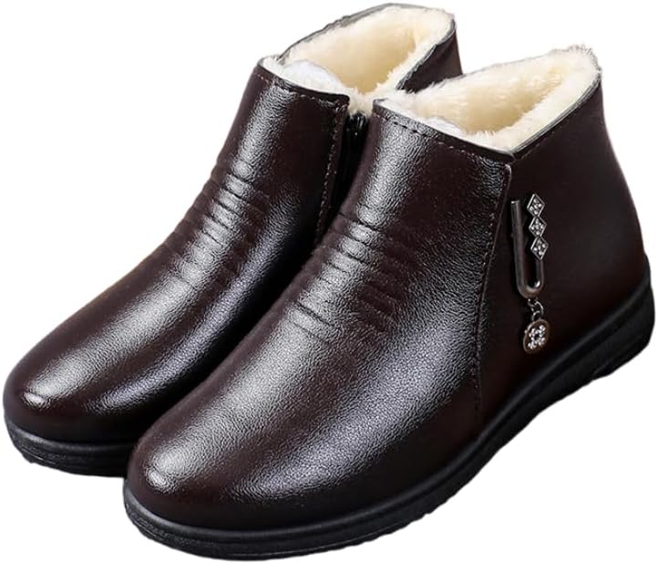 Women's Wedge Heel Ankle Booties Soft Leather Platform Side Zipper Sparkling Metallic Decorations Winter Warm Fur Lined Snow Boot