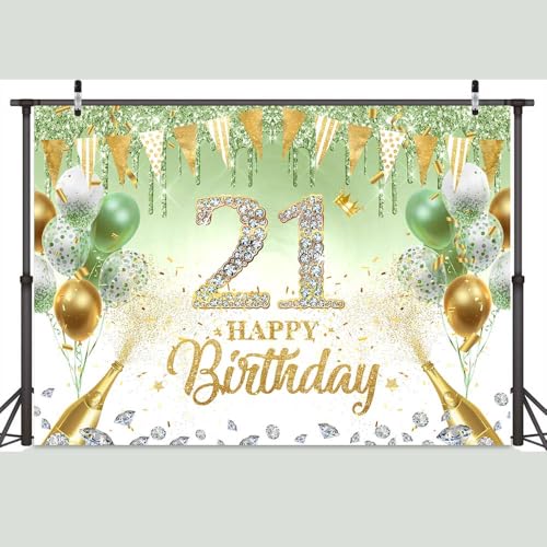 Image of 21st Birthday Decorations Banner for her - 71 x 43 Inch Sage Green Birthday Backdrop for Girls Women Photography Supplies Balloons Background Happy 21st Party Yard Sign Banner Photo Booth Props