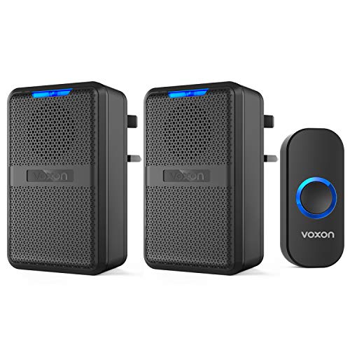 VOXON Wireless Doorbell, Twin Waterproof Wall Plug-in Cordless Door Chime IP44 Kit With CD Quality Sound and Blue LED Flash 58 Melodies to Choose-Black