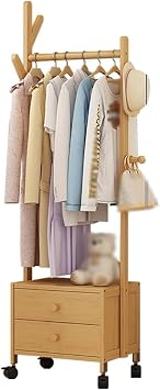 Hanger Rack, Bamboo Clothes Rack with Wheels & 2 Drawers, Wooden Coat Rack Hole Tree Portable Open Wardrobe Freestanding Clothes Rack with Side Hooks for Living Room Bedroom Clothes Rack Clothes