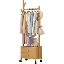 Hanger Rack, Bamboo Clothes Rack with Wheels & 2 Drawers, Wooden Coat Rack Hole Tree Portable Open Wardrobe Freestanding Clothes Rack with Side Hooks for Living Room Bedroom Clothes Rack Clothes