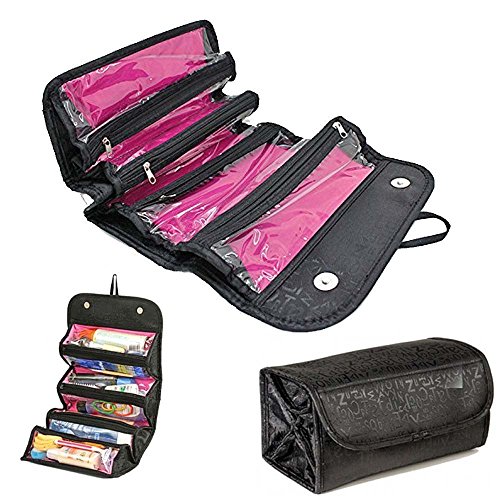 BeneU Makeup Bag Cosmetic Hanging Organizer Roll N Go Roll Up Foldable Clear Case Pouch Toiletry Organizer Multifunction Large Capacity for Cosmetics, Jewelry, Travel Accessories, Electronics(Black)