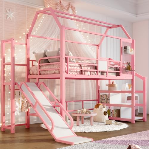 Image of YOPTO Twin House Loft Bed with Slide and Stairs,Metal House-Shaped Roof Playhouse Bed w /Storage Shelves,Noise-Free,for Student Dorms,Studio,Pink
