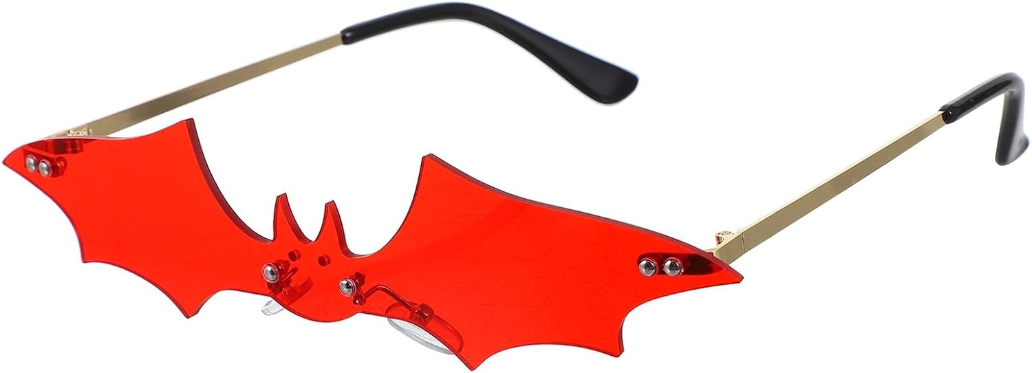 Novelty Bat Sunglasses Rimless Eyeglasses Gold Frame Red Lens Fashion Party Cosplay Eyewear for Women Street Style