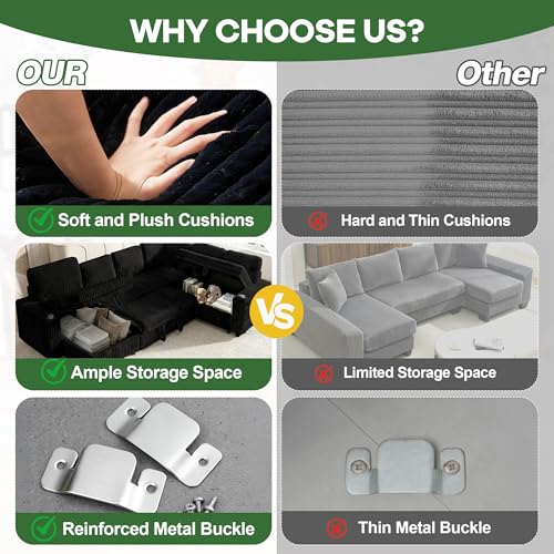 Image of Oversized Sectional Couch, Sectional Sleeper Sofa with Pull Out Bed, L Shaped Corduroy Couch for Living Room, Convertible Sofa Bed for Living Room, Bedroom and Apartment, Black
