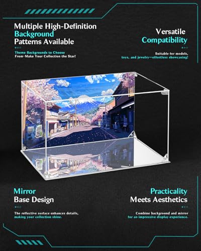 CHILLCASE UV Printed Background Acrylic Display Case with Mirror Base Anime Scene Clear Display Box Stand for Collectible Showcase for Action Figures Models PVC(Fierwork,7.9×7.9×7.9 inch