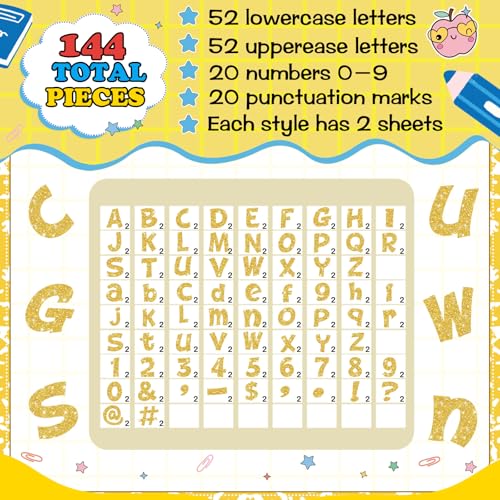 Image of Colarr 144 Pcs Glitter Bulletin Board Letters for Classroom Number Alphabet Punctuation Symbol Cutout 4'' Die-Cut Poster Letter with Adhesive Dot School Party Holiday Decor Display(Gold)