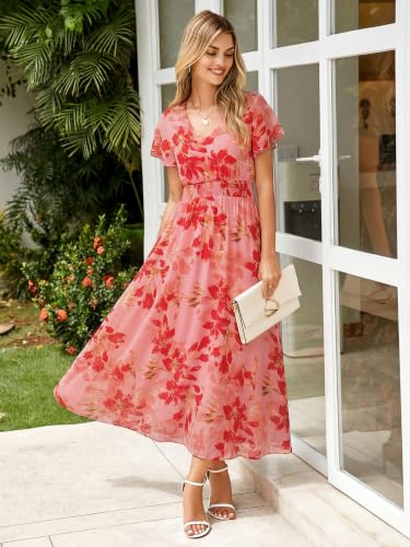 Image of Simplee Womens Floral Maxi Dress - Short Sleeve Summer Boho Wedding Guest Dress Empire Waist Chiffon Modest Midi Dresses