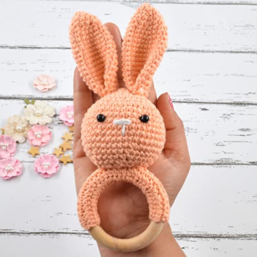 Image of Love Crochet Art Animal Shape Crochet Rattle Cum Soft Toy for Infant, Kids & Babies, Early Age Gift Toys (Bunny Rabbit - Peach)