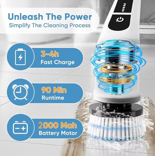 Image of Dealsure Electric Spin Scrubber for Bathroom | 9-in-1 Cordless Electric Spin Scrubber | 9 Brush Heads, Adjustable Speeds, LED Display, Long Handle | Powerful Cleaning Brush for Floor, Tub, Tile, Car