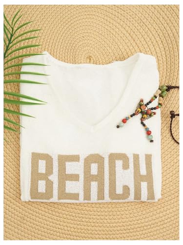 Women's Letter V Neck Beach Sweaters Long Sleeve Split Crochet Tops Knit Pullovers Cover Up3