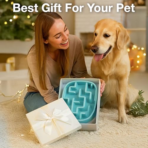 Image of Slow Feeder Bowl | Square Maze Food Bowl for Dogs and Cats | Anti Choking Puzzle Bowl | Anti Slip Interactive Feeding Dish | Durable & Easy to Clean | Anti Bloat and Aids Digestion (Blue)