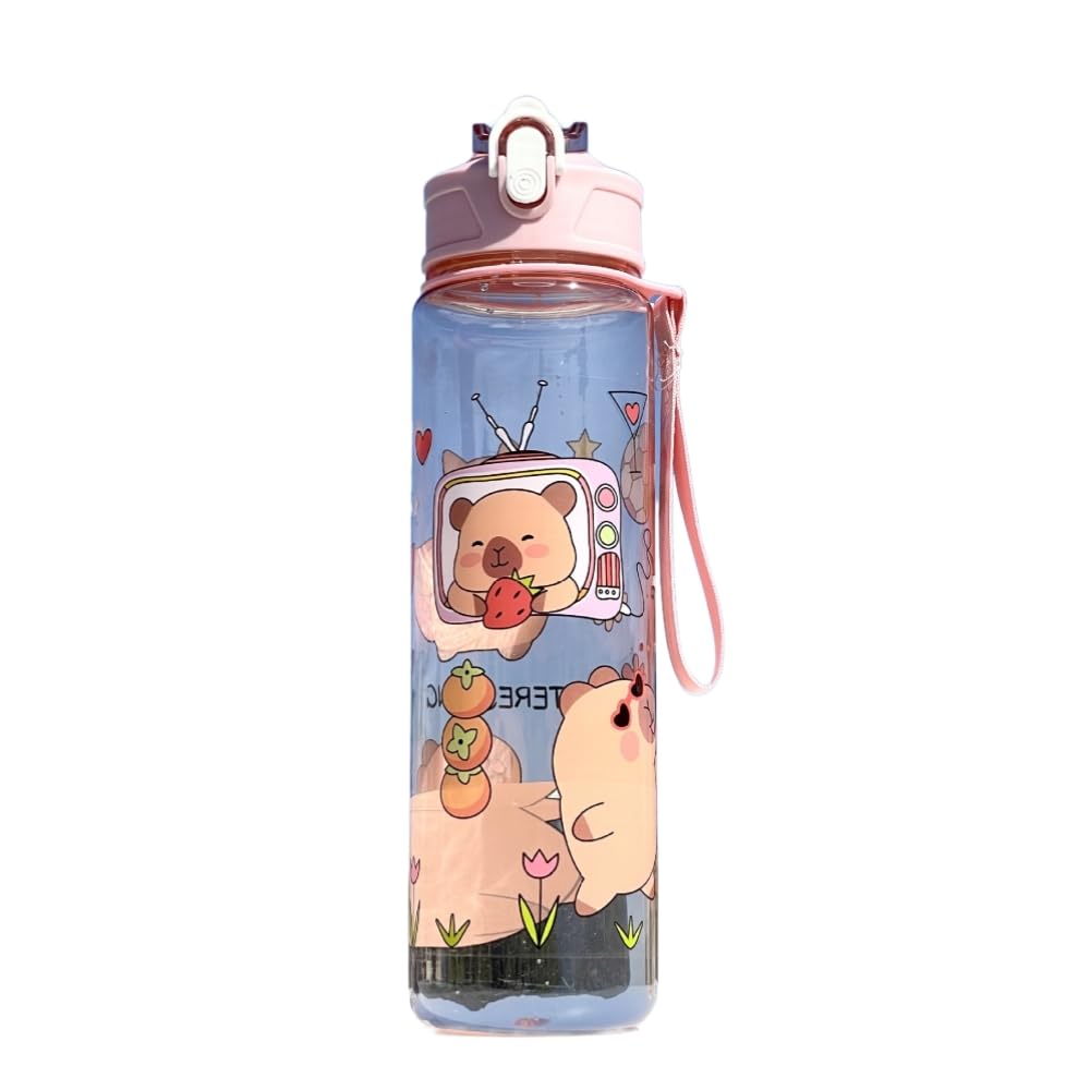 OMEIU Store Water Bottle Reusable Kids 510ml PP with Two Lids Leak Proof with straw Lid BPA Free Drinking bottle (Pink Capybara 800ml)