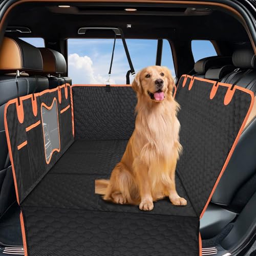 FAHKNS Dog Car Seat Cover with Hard Bottom-Detachable,Back Seat Extender for Dogs 600D Heavy Duty Scratch Waterproof with Mesh Window and Storage Pocket Dog Car Hammock for Cars/SUV