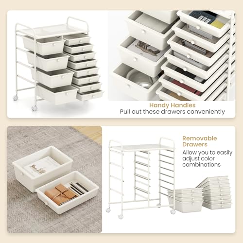 Image of LDAILY 12 Drawer Rolling Storage Cart, Rolling Cart with Drawers for Classroom, Art Supply Craft Organizer on Wheel with Metal Frame & Handles for Home Office School (White, 12 Drawer Left-Right)
