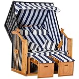 Outsunny Strandkorb Doppelte Sonnenliege mit Dach Doppelliege mit Getr&auml;nkehaltern Chaiselongue 5-stufige R&uuml;ckenlehne PE-Rattan Blau+Wei&szlig; 118 x 79 x 160 cm