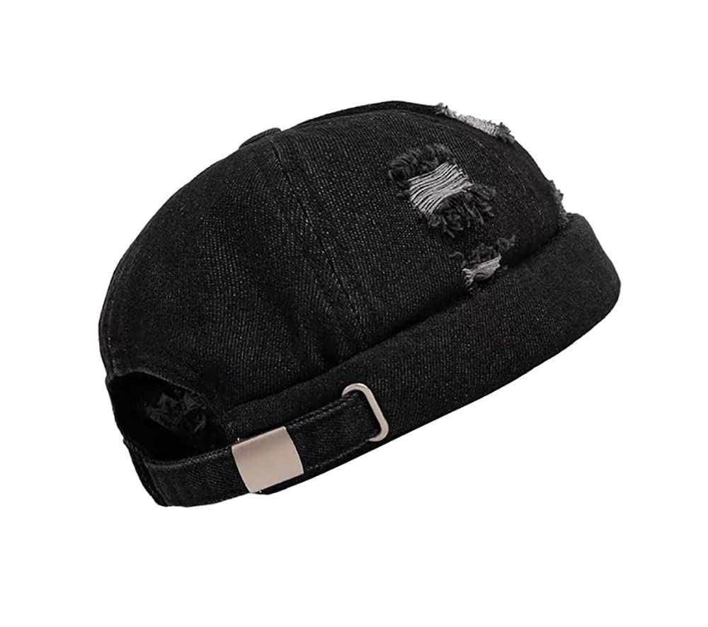 Cotton Brimless Cap Denim Retro Worker Hat Rolled Cuff Docker Cap with Adjustable