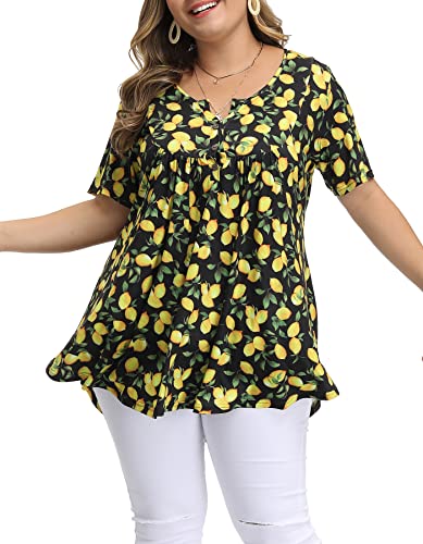 Allegrace Women's Plus Size Floral Blouses Henley V Neck Button Up Tunic Tops Ruffle Flowy Short Sleeve T Shirts P30 Lemon Black 2X #TOP2