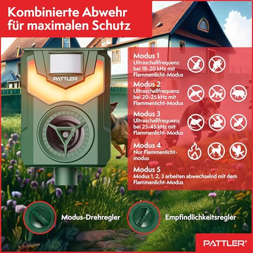 PATTLER® Solar Tierschreck, Marderschreck, Hundeschreck - Bewegungssensor mit 10m Reichweite - Flammenlicht zur Abschreckung - effektiv gegen Hunde, Vögel, Marder – 1 Stück