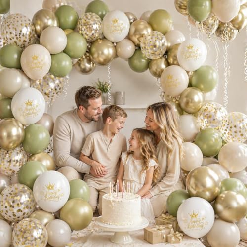 Image of Sage Green Sand White Gold Birthday Balloons, 12 Inch Olive Green Cream Beige Sand White Printed Balloons with Metallic Light Gold Confetti Balloon for Women Girls Boys Birthday Party Decorations
