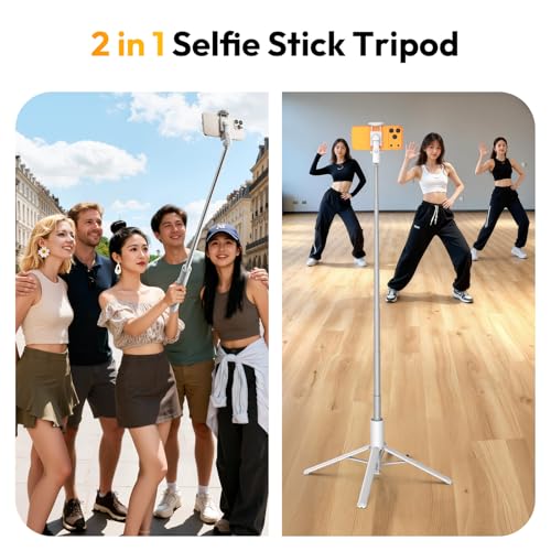 Image of ULANZI MT86, 60 inch Automatic Phone Tripod Stand with Wireless Remote, Adjustable Auto‑Open Selfie Stick for iPhone Android, Portable Extendable Travel Tripod for Selfie /Vlogging, White | Auto-Open Anti-Slip Base Aluminum Stand with Cold Shoe Bluetooth Controller, Lightweight for vlog TikTok Live Stream Travel