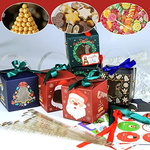 16 Pcs Christmas Gift Boxes Christmas Cupcake Boxes Christmas Favour Boxes Xmas Party Paper Treat Candy Boxes with 48pcs Christmas Labels Stickers.