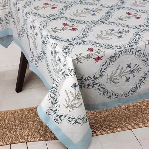 Hermoso mantel rectangular de lona de algodón estampado a mano, mantel de comedor (60 x 108 pulgadas)