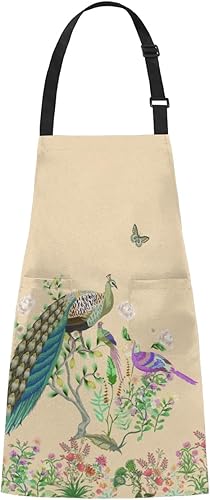 Delantal de pavo real y flores botánicas  Delantal impermeable ajustable floral para hombres y mujeres con bolsillos para cocina, cocina, hornear,