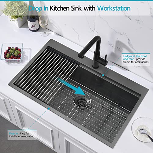 33 Drop In Black Workstation Kitchen Sink, Zdhht 16 Gauge 33 X 22 X 10 Inches Topmount Black 304 Stainless Steel Single Bowl Kitchen Sink #TOP5