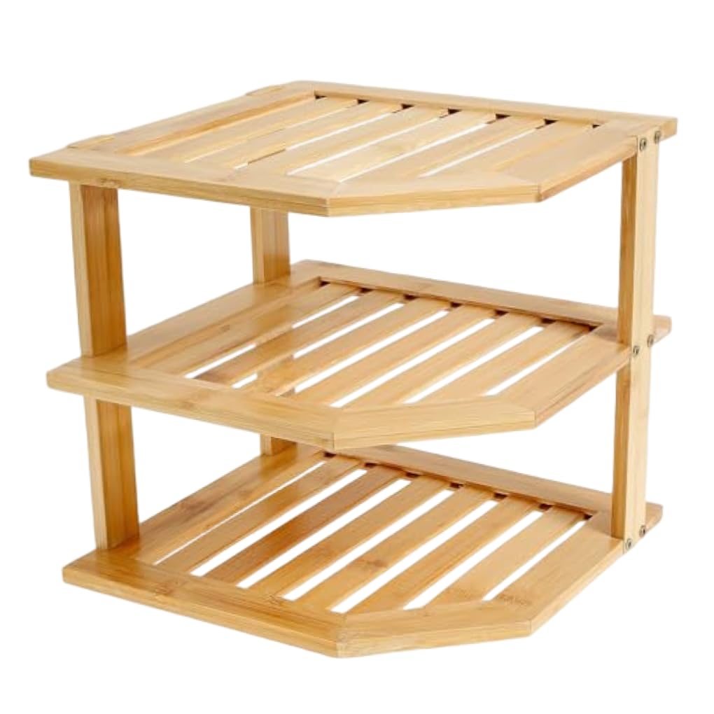 Striegro 3 Tier Bamboo Corner Shelf, Space Saving Cabinet Organizer for Plates and Bowls, Bamboo Kitchen Shelf for Countertop and Cabinet Storage.