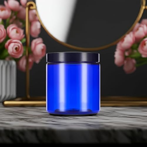 Miniatura 7 de Tarro de plástico PET azul cobalto de 8 onzas (sin BPA) con tapas lisas negras (paquete de 12)