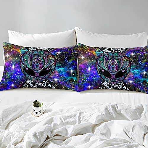 Feelyou Trippy Alien Comforter Cover Set Full Kids Boys Colorful Outer Space Galaxy Bedding Set Psychedelic Hippie Graffiti Duvet Cover Boho Alien Bedsets For Adults Men Purple Decor #TOP3