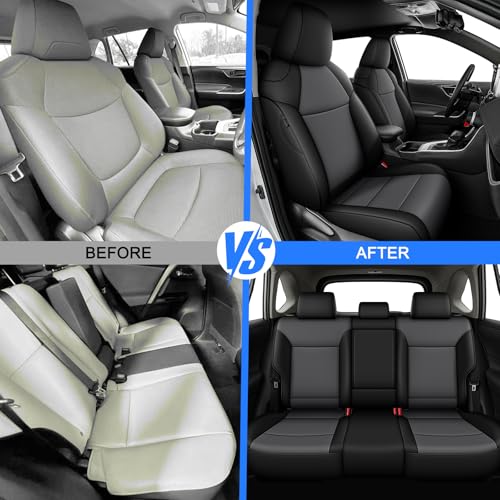 Image of AOMSAZTO Custom Fit Seat Covers for Toyota RAV4: 2019 2020 2021 2022 2023 2024 2025 LE XLE XLE Premium Limited-Faux Leather Full Set Compatible Airbag Seat Protector Black&Gray