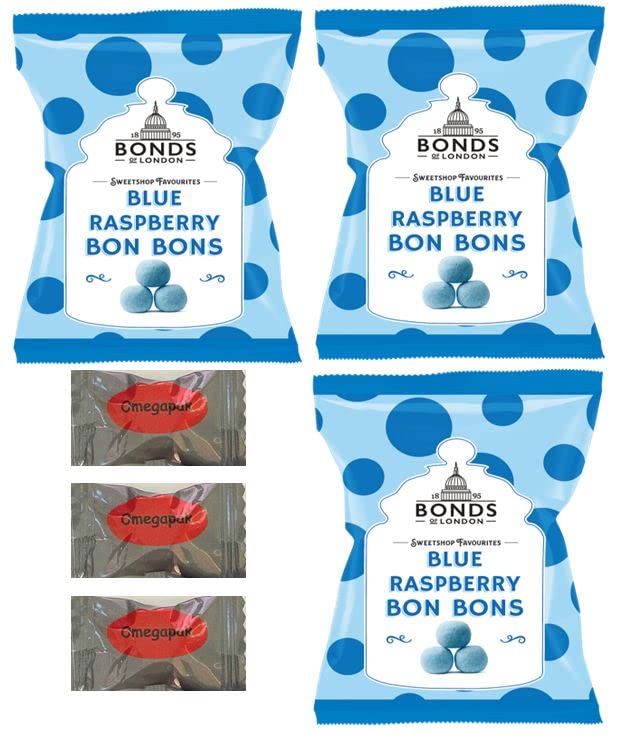 Bonds Of London British Candy Blue Raspberry Bon Bons - Dulces masticables con sabor a frambuesa espolvoreada con menta Omegapak Starlight, no