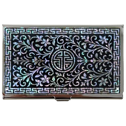 Image of Mother of Pearl Business Card Case Credit Id Name Holder Travel Wallet Art Painting Design Metal Stainless Steel Engraved Slim Purse Pocket Cash Money Wallet (N Arabesque)
