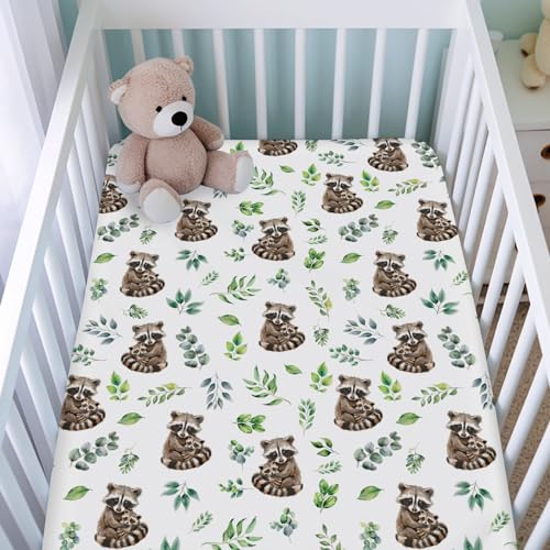 Image of Cute Raccoon Green Leaves Baby Crib Sheets for Girl Boy 52 inchx28 inch Mother Baby Raccoon Soft Breathable Crib Mattress Cover Animals Boho Retro Leaves Bed Sheets Fits Standard Crib and Toddler Mattress