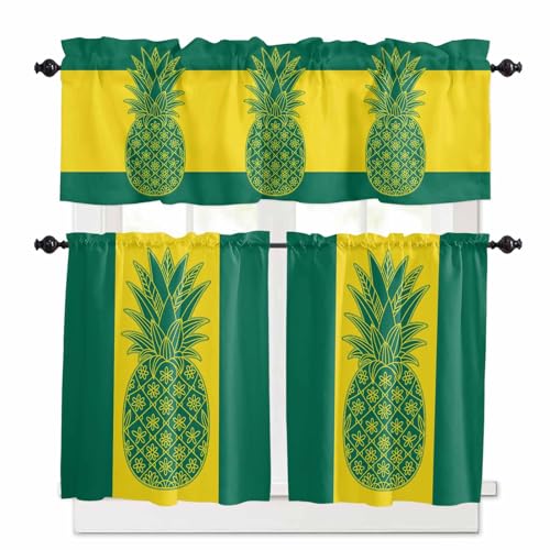 Pineapple Kitchen Curtains 24 Inch Length,3 Piece Rod Pocket Small Half Tiers and Valance Set,Boho Tropical Dark Green Yellow Stripe Summer Small Large Window Treatment Decor for Bedroom/Bathroom