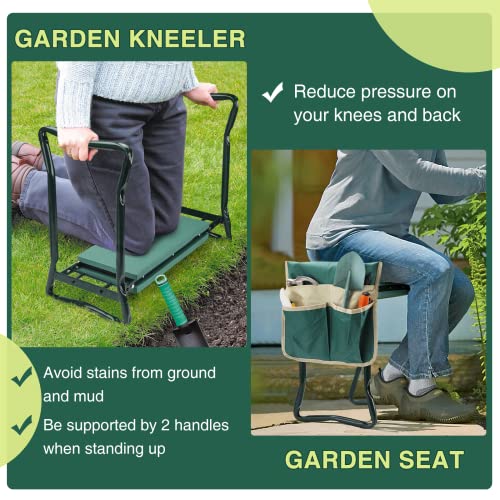 WISYOK Garden Kneeler and Seat, Heavy Duty Gardening Bench with 2 Tool Pouches, Widen EVA Foam Pad, Foldable Garden Stool to Prevent Knee & Back Pain