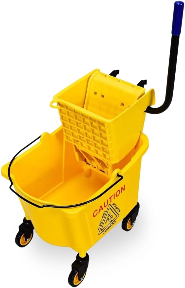 Mop Bucket, Commercial Bucket for Mopping on Wheels with Potable Handle, Mop Bucket with Wringer for Home, Household, Office, Bathroom, Yellow (25 Quarts)