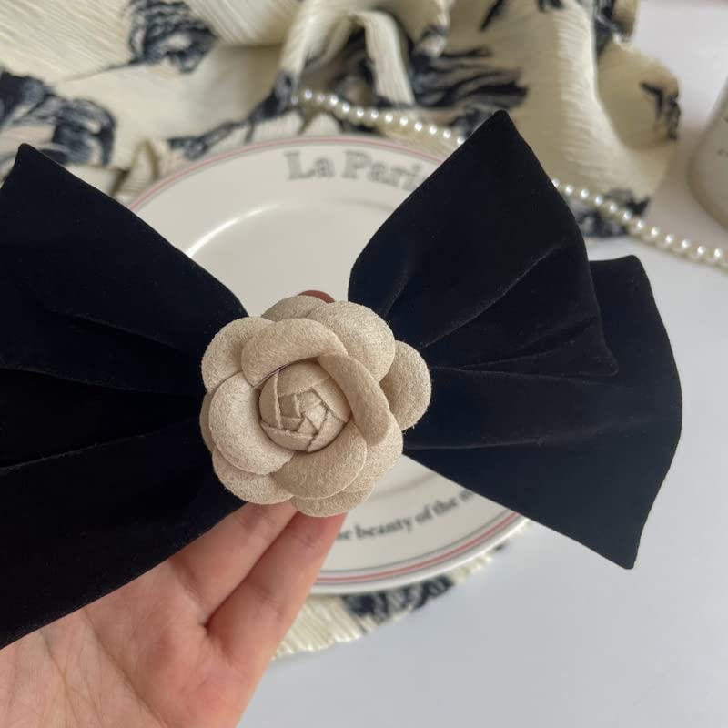 Black Velvet Bow with White Camellia Flower Hair Accessory Amazon.com : Myhiju Camellia Bow Hair Clip, White Flower  main image 2