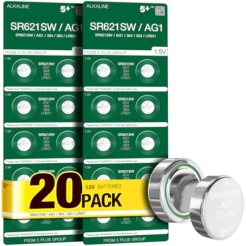 5Plus Group 20 Pcs SR621SW AG1 364 363 LR621 LR60 1.55V Button Cell Watch Batteries