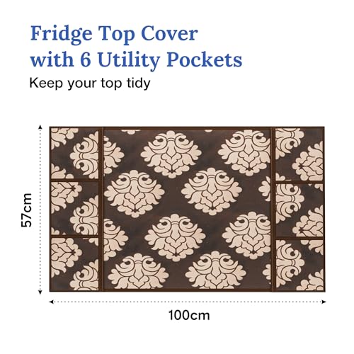 Image of Kuber Industries Cotton Fridge Top Cover | Washable & Anti-Dust Refrigerator Top Cover with 6 Utility Pockets for Kitchen | Floral Design - Brown