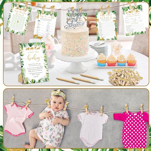 Image of Patelai 321 Pcs Safari Jungle Baby Shower Decorations Safari Jungle Animal Baby Shower Games 5 Set Golden Don't Say Serve 50 Guests for Wild One Gender Reveal Birthday Party Decorations Supplies