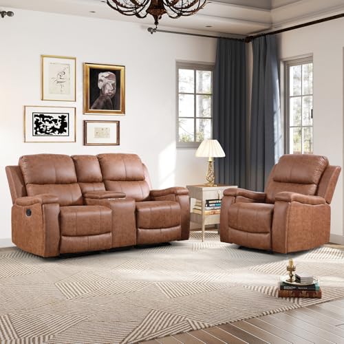 Image of CANMOV Faux Leather Manual Reclining Sofa Set, Manual Single Recliner Chair and 2 Seat Recliner Loveseat with Center Console, Hidden Storage and Cup Holders for Living Room,Bedroom Furniture,Brown