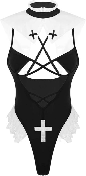 ACSUSS Womens Sexy Lingerie Deep V Front High Cut Thong Leotard Bodysuit Nun/Maid Cosplay Costumes