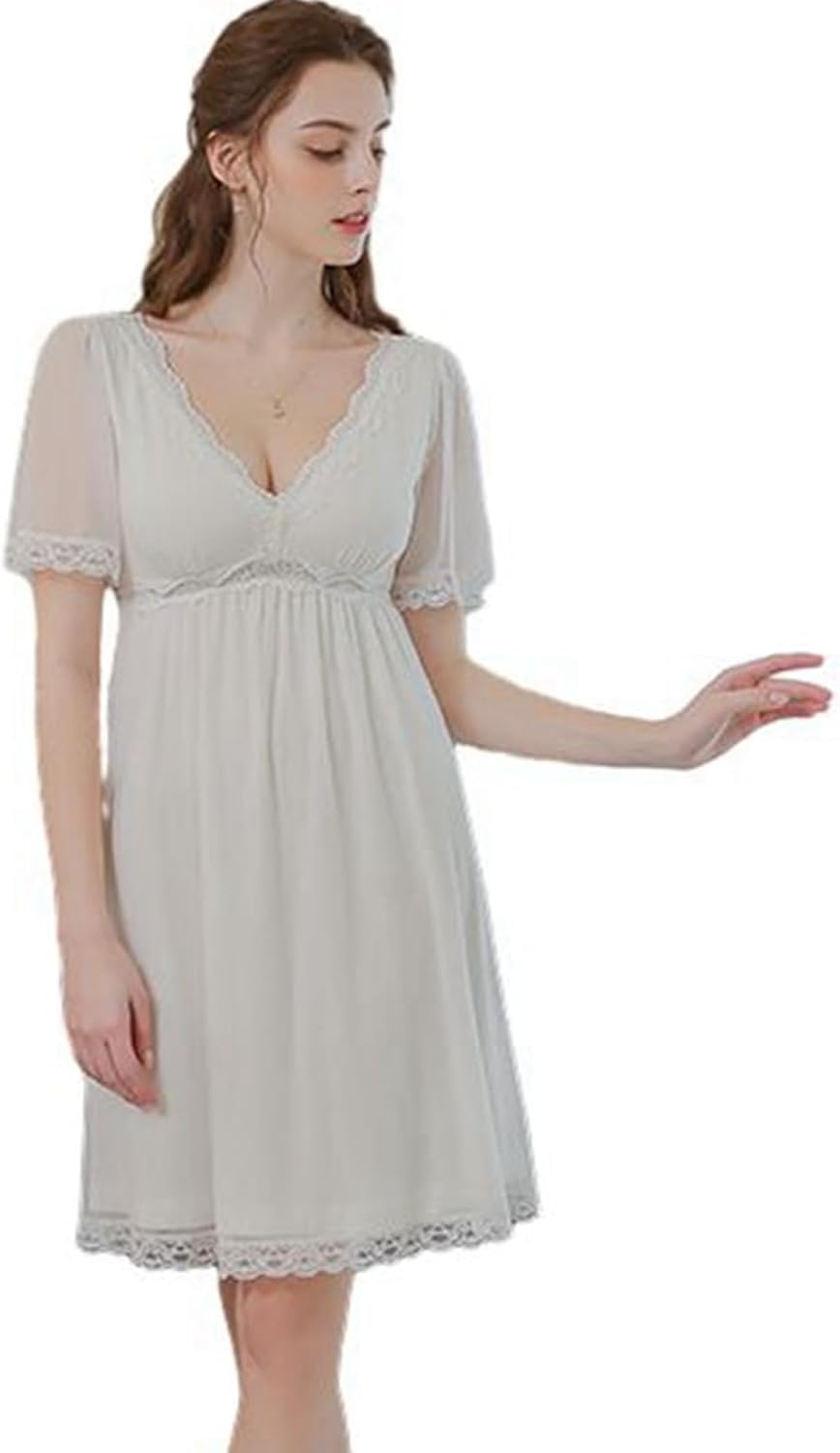 [GUREITOJP] パジャマ ワンピース レース お姫様 ルームウェア 半袖 春秋夏着 レディース ナイトドレス モダール v襟
