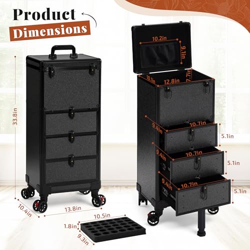 Image of Rolling Makeup Train Case with Drawers Cosmetology Case on Wheels | 4 in 1 Large Cosmetic Organizer for Hairstylist,Makeup Artist Nail Trolley Cart Salon Storage Traveling Cart Trunk